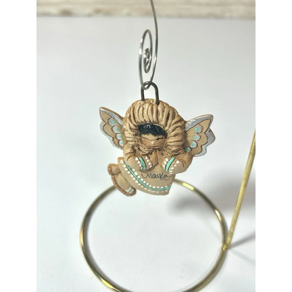 Vintage Eski Angels Alaska Eskimo Christmas Ornament Handcrafted Teal Blue Trim